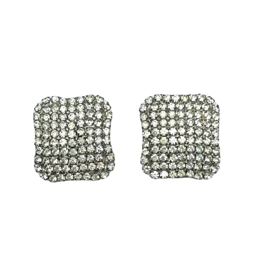 VINTAGE PAVE CLEAR CRYSTAL SILVER TONE RECTANGLE CLIP ON EARRINGS
